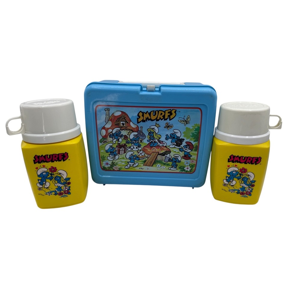 Smurfs Thermos 8oz Vintage 80s Blue Yellow Lunch Box and Dual Thermos Set Kids